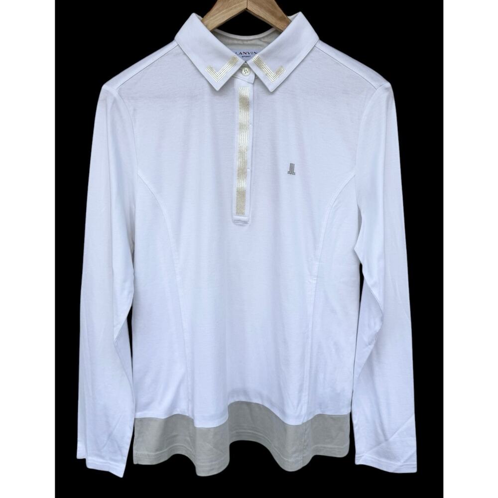 Lanvin Sport Women's White Long Sleeve Sequin Embellished Collared Top Shirt